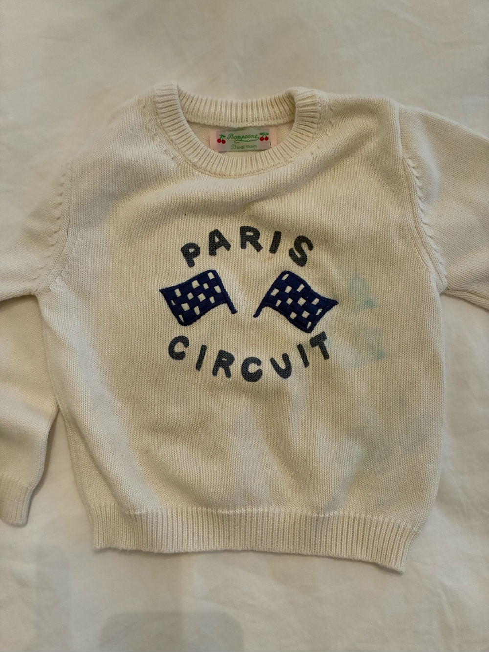 Bonpoint Cream Sweater with Navy 'Paris Circuit' Flags